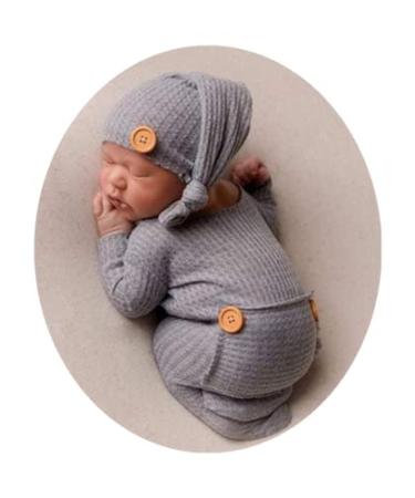Fashion Newborn Boys Girls Baby Photo Shoot Props Outfits Crochet Clothes Long Tail Hat Pants Photography Props Gray