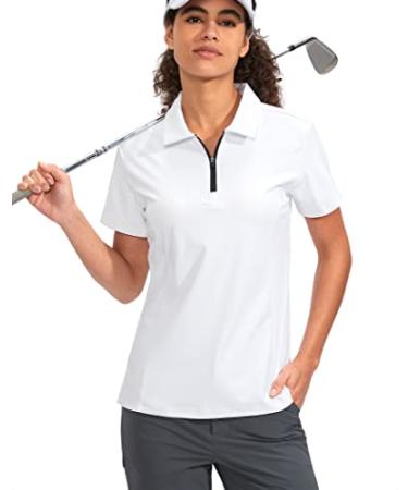 Viodia Women's Golf Shirt Short Sleeve with Zip Up Quick Dry Stretch Tennis Collared Polo Shirts for Women Golf Clothes Large White