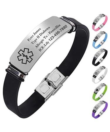 Skartam Personalized Medical Alert Bracelets for Women Men Kids,Medical ID Bracelets,Custom Sport Emergency ID Silicone Wristband Bracelets with Free Engraving Picture Medical Logo Text black Engrave Logo & Text