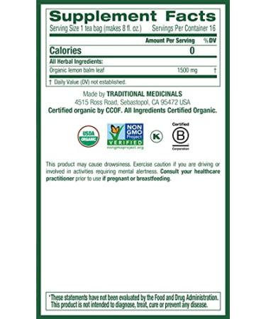 Organic Lemon Balm Herbal Tea - Caffeine Free, 16 Wrapped Bags | Traditional Medicinals - Buy Online on SooperMarket.com