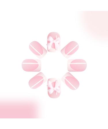 White French Tip Press on Nails with Pink Bow | Short Square Glue on Acrylic Manicure Art | 24 Pcs Glossy Nude Pink Fake Nails for Women & Girls - Buy Online on SooperMarket.com