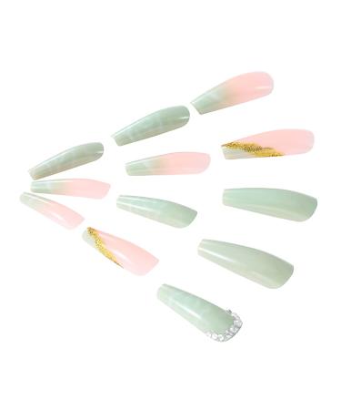 Brishow Coffin Artificial Nails - Long Pink Green Bellarina Acrylic Press-On Nails - 24pcs for Women & Girls | International Shipping - Buy Online on SooperMarket.com