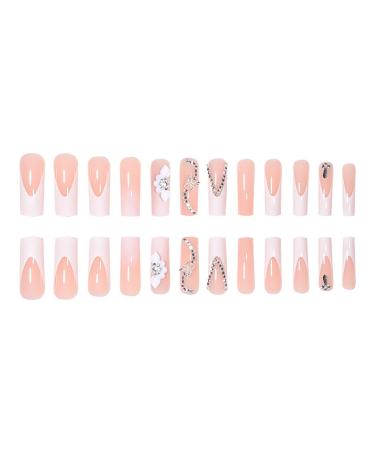 RikView French Tip Square Press-On Nails | Long Glossy White Nails with 3D Flowers | 24 PCS Stick-On Fake Nails - Buy Online on SooperMarket.com