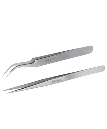 Best Eyelash Extension Tweezer Set - FEITA Pro Straight & Curved Pointy Precision Fine Tip Tweezers for Lash Extensions - Silver - 2Pcs