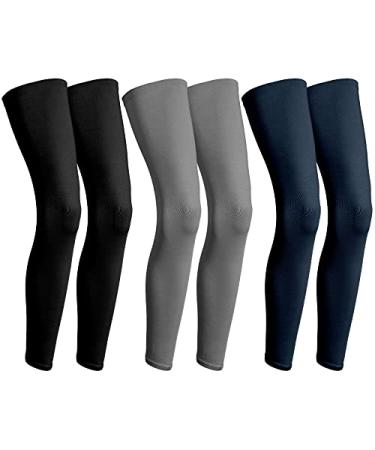 Geyoga 3 Pairs Full Compression Leg Sleeves UV Protection Outdoor Sports Cycling Black, Navy Blue, Dark Grey Medium