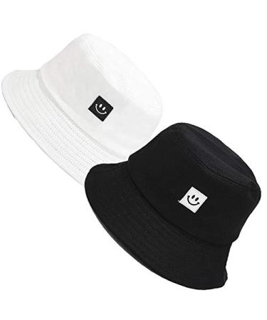 MaxNova Reversible Bucket Hats for Women Travel Beach Sun Hat Flower Embroidery Outdoor Cap Unisex 2pack White/Black Smiley Face