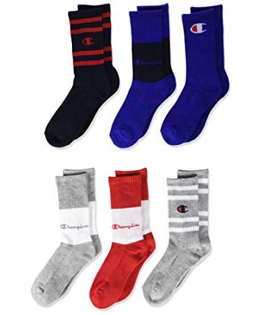 Champion unisex-child Kids' 6-pack Crew Socks 7-9 Crew Stripe - Navy