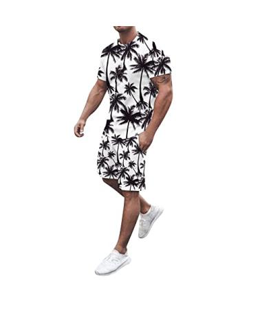Men's Summer 2 Piece Outfits & 2-Piece Mens Short Beach Shorts Shirts Printed Pants Summer Sets Mens Suit Pants White-8 Large