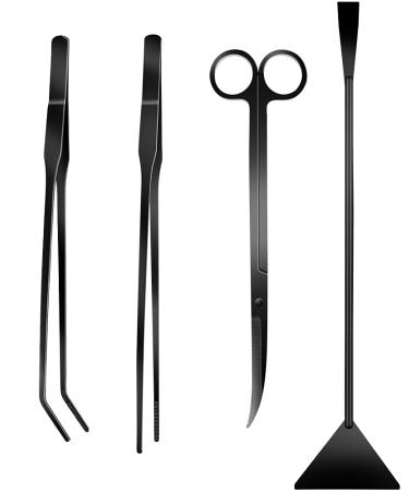 4Pcs Aquascaping Tools Kit, Long Stainless Steel Aquarium Plant Tools with Black Anti-rust Coating, Aquarium Tweezers, Scissors, and Scrapers for Aquascaping Cleaning(Free Magnetic Tool Holder)