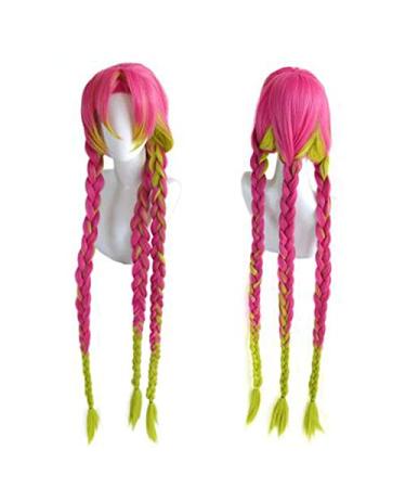 Demon Slayer Kimetsu no Yaiba Kanroji Mitsuri Women Long Braids Wig Cosplay Wig Heat Resistant Synthetic Hair Wig + Wig Cap