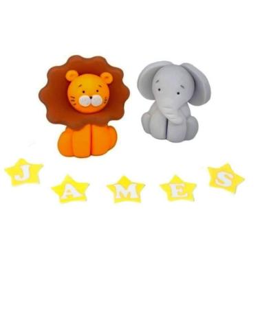 Personalised Animals Cake Toppers Set - Edible Jungle Lion Elephant Kids Cupcake Decorations with an Edible Glue - Set of 2 Birthday Party Supplies