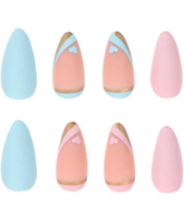 JUSTOTRY 24 Pcs Matte Stiletto Short False Nails | Heart Pattern Pale Pink & Blue French Press On Nails | Pretty Fake Nails with Nail Glue | Almond Medium Stick On Nails for Women - Buy Online on SooperMarket.com