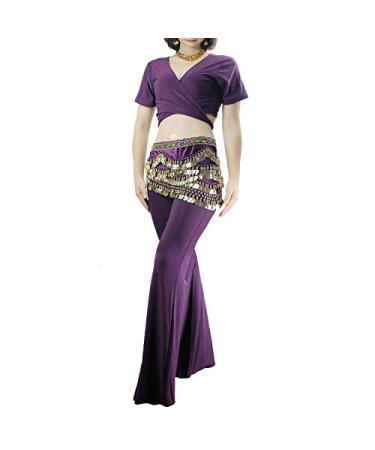 Farlenoyar Womens Belly Dance Top + Pants Yoga Pants Short Sleeve V-Neck Straps Shirt Small-Medium Purple