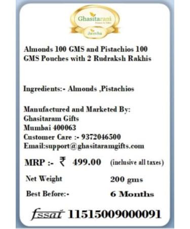 Jaiccha Ghasitaram Rakhi Gifts for Brothers Rakhi Dryfruits - Almonds 100 GMS and Pistachios 100 GMS Pouches with 2 Rudraksh Rakhis Almond 200 gms - Buy Online on SooperMarket.com