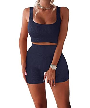 TWFRHC Women's Workout Sets Ribbed Tank 2 Piece Seamless High Waist Gym Outfit Yoga Shorts Sets 01navy Blue Large