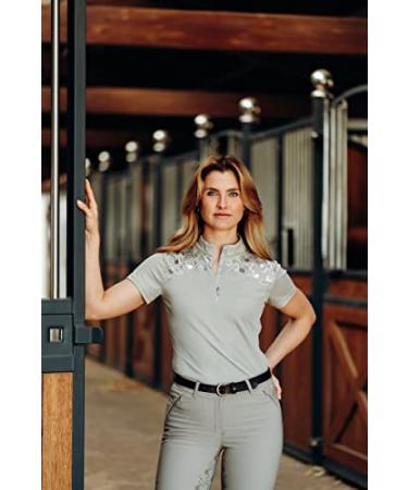 HORZE Kaitlin Women's Equestrian Moisture-Wicking Short Sleeve Show Shirt with Flower Pattern Plaza Taupe Light Brown 12