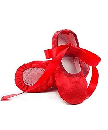 WENDYWU Girls Ballet Dance Shoes Purple Flat Slipper with Ribbon 3 Big Kid Red
