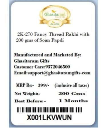 Ghasitaram Gifts Rakhi for Brother Rakhis Online - 2K-270 Fancy Thread Rakhi with 200 GMS of Soan Papdi - Buy Online on SooperMarket.com