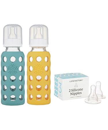 Lifefactory 9oz Glass Baby Bottle 2pk Bundle with 2 Stage 3 Nipples (Kale/Mango)