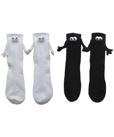 Novelty Magnetic Suction 3D Doll Couple Socks Funny Couple Holding Hands Socks Show Off Socks Unisex Couple Socks 2 pairs Black + White
