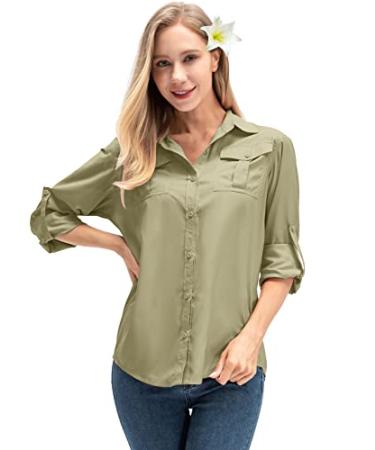 Women's Quick Dry Sun UV Protection Convertible Long Sleeve Safari Shirts for Hiking Camping Fishing Sailing X-Large Khaki