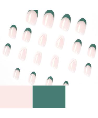 24Pc Short Glossy Almond Design Press on Nails - French Green False Nails Kit with Glue - Oval Green White Nail Tips - Buy Online on SooperMarket.com