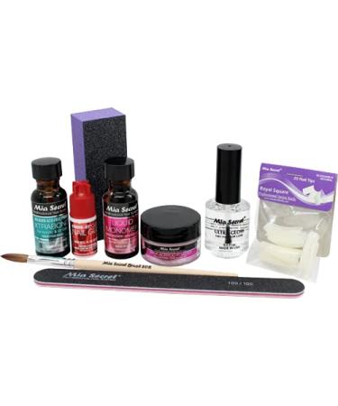MIA SECRET PINK ACRYLIC POWDER PROFESSIONAL FULL NAIL KIT - 05  Contents: Liquid Monomer  Pink Powder  Primer  Nail Glue  Top Coat  20 Nail tips  Nail Brush  Emery Block  Nail File