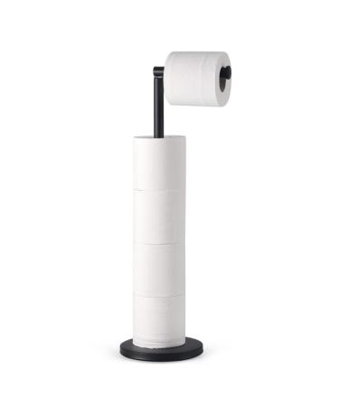 LAYUKI Free Standing Toilet Paper Holder Stand, Matte Black Finished Stainless Steel Rustproof Tissue Roll Holder Floor Stand Storage for Bathroom