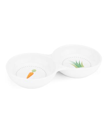 Navaris Double Food Bowl for Small Animals - Ceramic Food Bowls for Rabbits Guinea Pigs Small Pets - Rabbit Water Dish - Carrot and Grass Design White