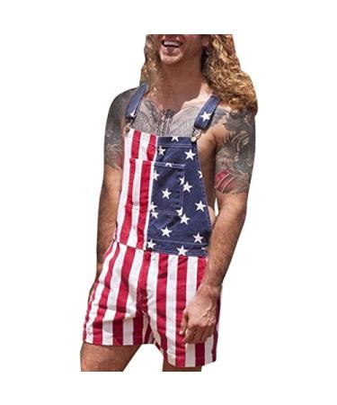 Women's Men's Casual Stretch Adjustable Denim Bib Overalls Jeans Pants Jumpsuits Unisex 4th of July Straight Leg Shorts Small 02-men's Us Flag Red