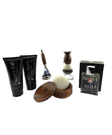 G.B.S Men's Shaving Set- Wet Shaving Set with Wood Razor Wood Bowl Soap & Syentheic Brush with Stand 5 Blade Sleek Razor No. 84 Gentlemen's Cologne Lavender Aftershave Shower Gel!