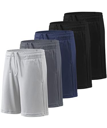 BALENNZ Boy's 5-Pack Athletic Shorts Kids Youth Quick Dry Active Performance Basketball Shorts with Pockets Elastic Waistband Medium 5 Pack Black black dark Grey navy light Grey