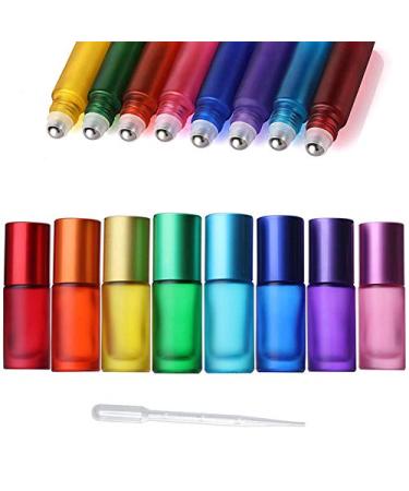 ConStore 8pcs 5ml Colorful Frosted Roll on Bottles Glass Roller Ball for Essential Oils Refillable Massage Roller Bottles with Stainless Steel Ball Empty Containers for Aromatherapy+1pcs Dropper