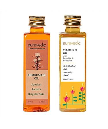 Kumkumadi Saffron & Vitamin C Oil | Hydrating Face Moisturizer | Helps Reduce Fine Lines & Nourishes Dry Dull Skin | Natural Facial Massage Oil | 3.38 Fl Oz/100ml (Pack of 2)