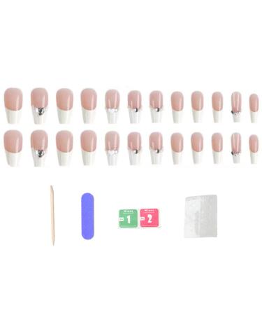 French Tip Press on Nail Long White Rhinestones Stick on Nail False Fake Nails Fake Nail with Glue for Women Girl Nail Art