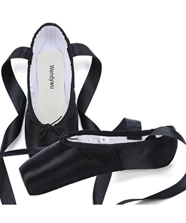 WENDYWU Professional Ballet Pointe Shoes for Kids Girl and Ladies Pink PU Soled Ballet Pointe Dance Shoes with Toe Pads 7 Black