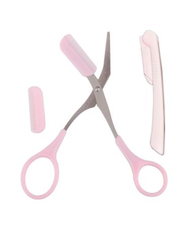 Precision Eyebrow Scissors with Comb and Eyebrow Razor Eyebrow Trimmer Scissors Tool for Men Women Hair Removal Grooming Shaping Pink