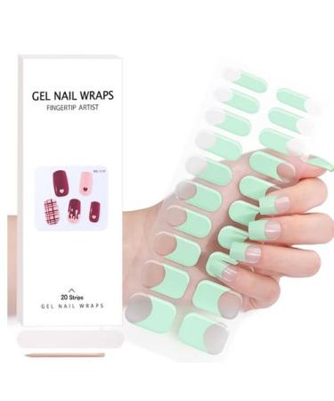 Semi Cured Gel Nails Strips - Nude Pink Gel Nail Stickers Nail Wraps Soft Self-Adhesive Gel Nail Strips for Nails French Tip (Green-French - BSS-0236)