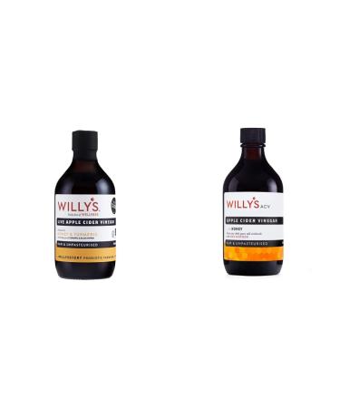 Willy's ACV Organic Live Probiotic Apple Cider Vinegar Honey & Black Pepper (1 x 500ml) white & WILLY'S Raw Apple Cider Vinegar with Real Live Mother & Honey Glass Bottle 500 ml