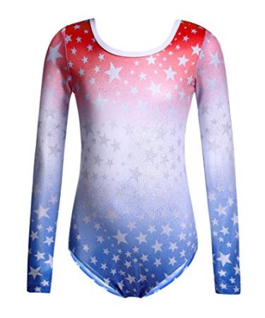 Zaclotre Girls Sparkling Stars Gymnastics Long Sleeve Leotards for Patriotic USA Kids Red and Blue/Patriotic Star Print 7-8 Years