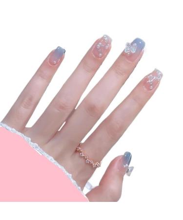 Wearing short and medium-sized nail enhancement with white milk blue butterfly nail patches detachable fake nail patches 1 count (Pack of 1)