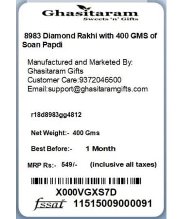 Ghasitaram Gifts Rakhi for Brother Rakhis Online - 8983 Diamond Rakhi with 400 GMS of Soan Papdi - Buy Online on SooperMarket.com