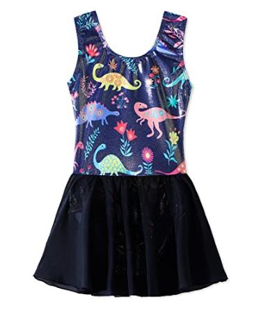 EQSJIU Long Sleeve Skirted Leotards for Girls Gymnastics Dance Dress Unicorn Mermaid Rainbow Skirts Skorts 4-5T 01 Bluedinosaur