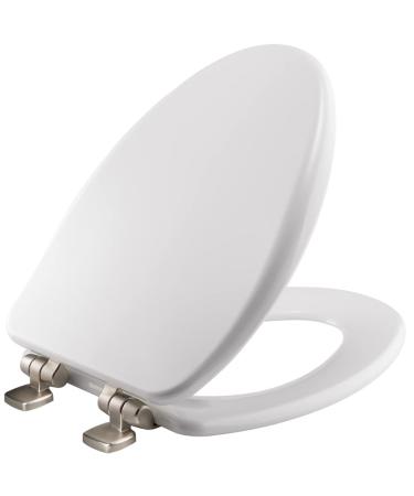 Bemis 19170NSLA 000 Alesio Toilet Seat with Brushed Nickel Hinges will Slow Close, Never Loosen and Provide the Perfect Fit, ELONGATED, High Density Enameled Wood, White 1 Pack Elongated Brushed Nickel Hinge White