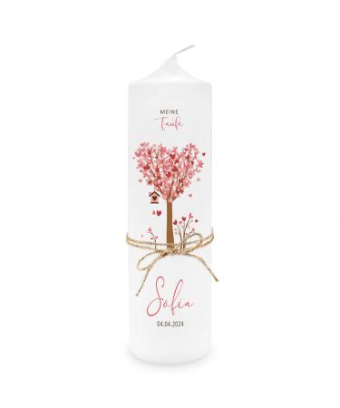 Baptism candle girl tree hearts pink personalized with name & baptismal saying design online yourself incl. jute ribbon decoration