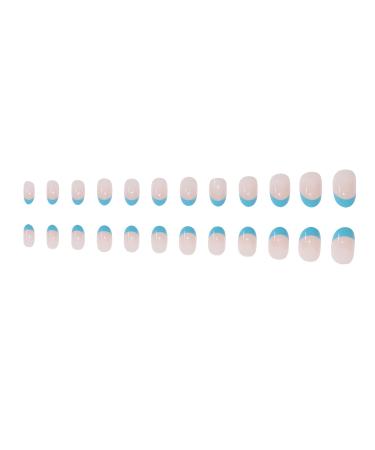 MISUD Short Oval Press on Nails - Glossy Blue French Tip Acrylic Nails - 24 pcs Round Artificial Summer False Nails - Buy Online on SooperMarket.com