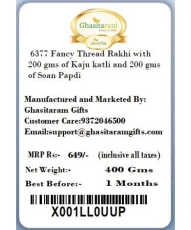 Ghasitaram Gifts Rakhi for Brother Rakhis Online - 6377 Fancy Thread Rakhi with 200 GMS of Kaju katli and 200 GMS of Soan Papdi - Buy Online on SooperMarket.com