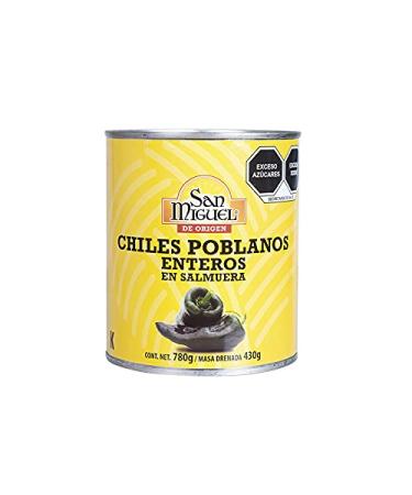 Whole Poblano chillies in brine Mexico can 780g drained weight 430g - Chiles Poblanos Enteros en Salmuera SAN MIGUEL