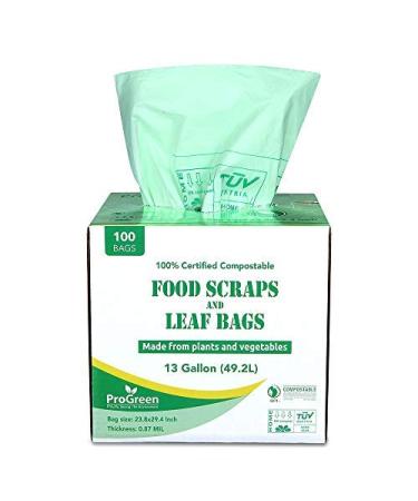 ProGreen 100% Compostable Bags 13 Gallon, 100 Count, Extra Thick 0.87 Mil, Tall Kitchen Compost Trash Bags, Food Scrap Yard Waste Bags, Compost ASTM D6400 BPI and TUV AUSTRIA Certified