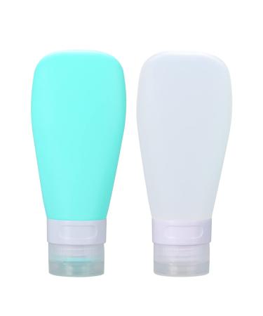 2 pieces of silicone travel bottles set wasteland-proof refillable bogus container with a transparent carrying bag small empty mini travel bottles for shampoo rinse lotion toilet article (90ml) green+white 2x90ml